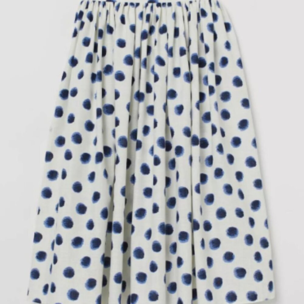 H&M Skirt - Flared Cotton Skirt, White/Blue Dotted, Size 4
